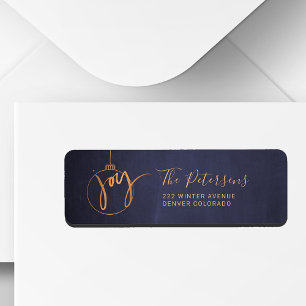 Gold Christmas Tree Globe Joy Script on Navy Blue Return Address Label