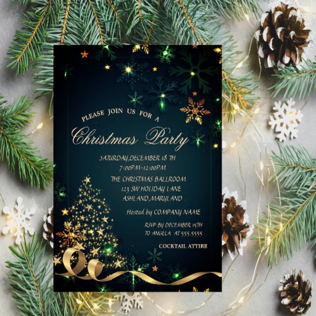 Gold Christmas Tree Green Snowflakes Christmas  Invitation (Creator Uploaded)