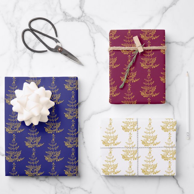 Gold Christmas Tree Holiday Wrapping Paper Sheet (Front)