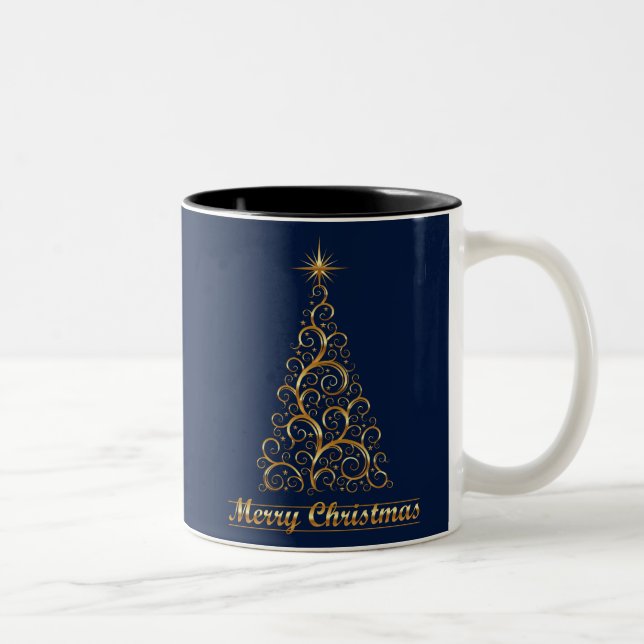 Gold Christmas Tree Merry Christmas Holiday Two-Tone Coffee Mug (Right)