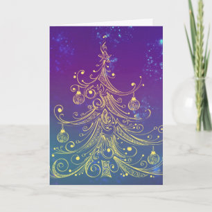 Gold Christmas Tree Motif Purple Teal Holiday Card