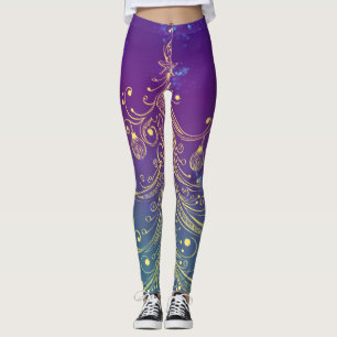 Gold Christmas Tree Motif Purple Teal Leggings