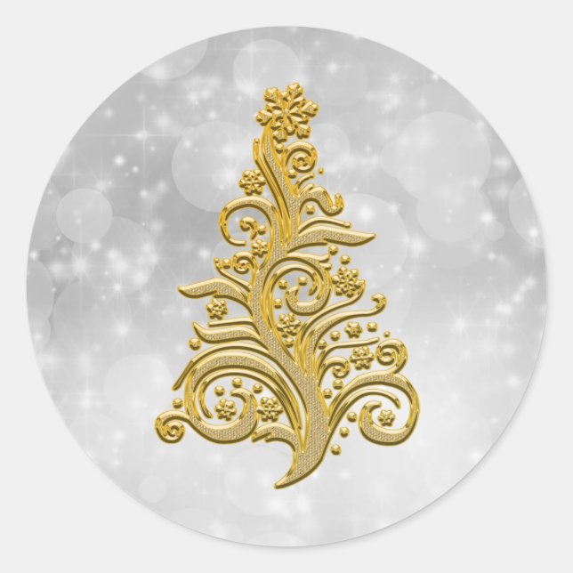 Gold Christmas Tree on a Silver Background Classic Round Sticker (Front)