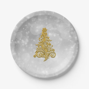 Gold Christmas Tree on a Silver Background Paper Plate