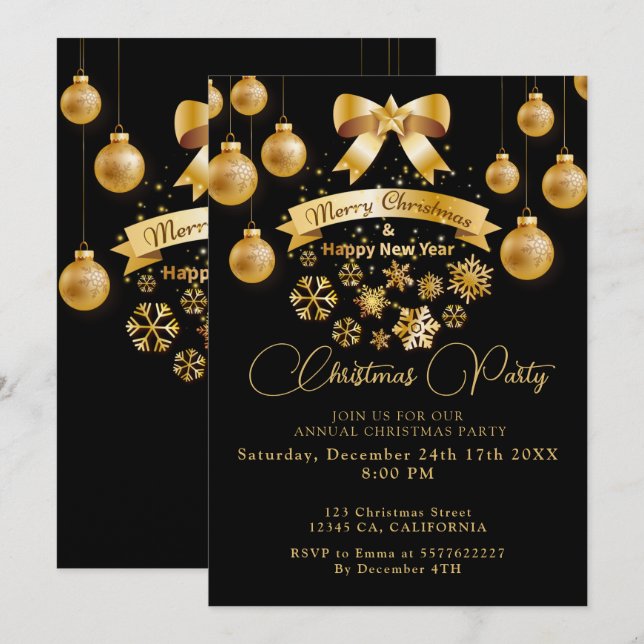 Gold Christmas Tree Ornaments Black  Invitation (Front/Back)