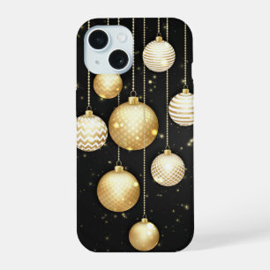 Gold Christmas Tree Ornaments on Black iPhone 15 Case