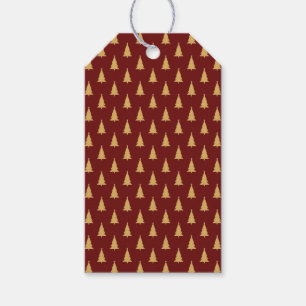 Gold Christmas Tree Pattern On Dark Red Gift Tags