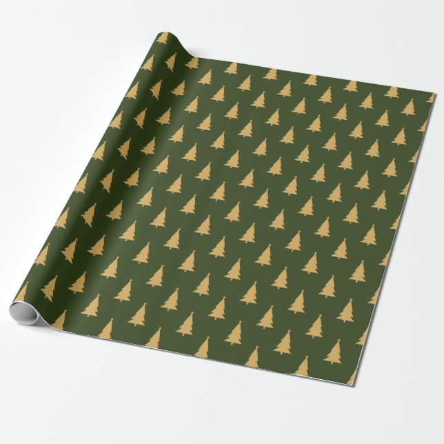 Gold Christmas Tree Pattern On Green  Wrapping Paper (Unrolled)