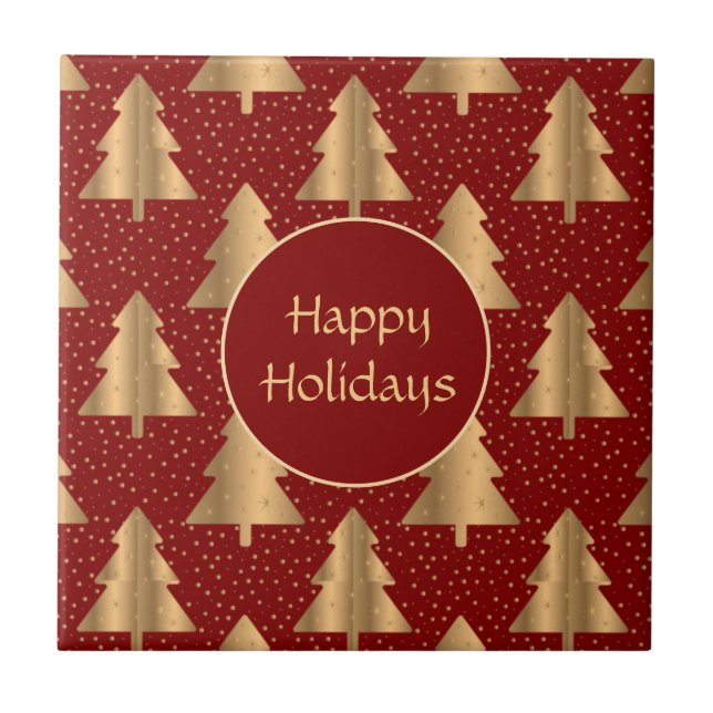 Gold Christmas Tree Pattern on Red Ceramic Tile (Front)