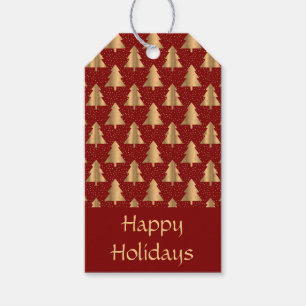 Gold Christmas Tree Pattern on Red Gift Tags