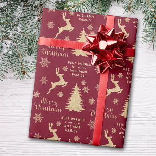 Gold Christmas Tree Reindeer Personalised Wrapping Paper