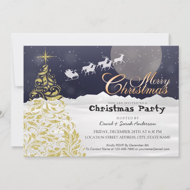 Gold Christmas Tree & Santa Sleigh Reindeer Party Invitation (Front)