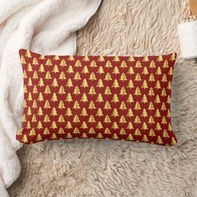 Gold Christmas Tree Seamless Pattern on Red  Lumbar Cushion (Blanket)