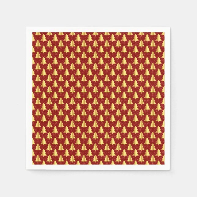 Gold Christmas Tree Seamless Pattern on Red Paper Napkin (Front)