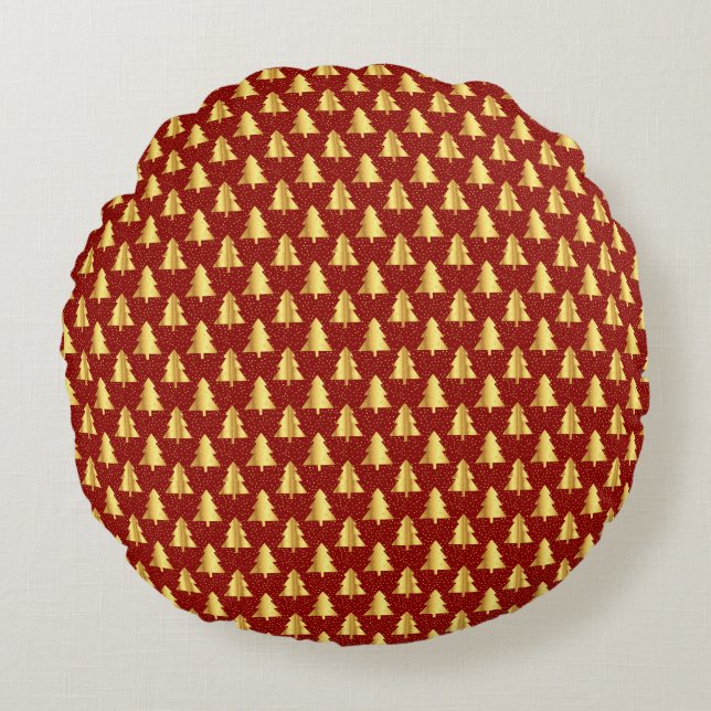 Gold Christmas Tree Seamless Pattern on Red  Round Cushion (Front)