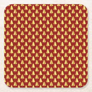 Gold Christmas Tree Seamless Pattern on Red Square Paper Coaster