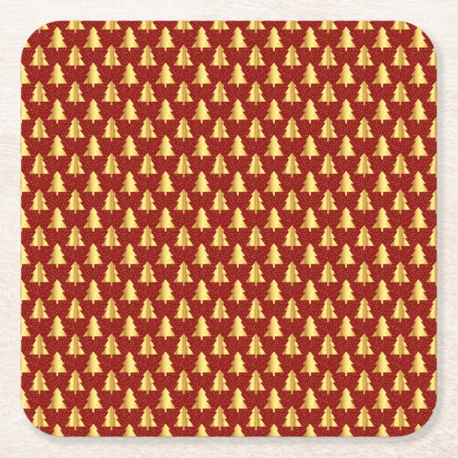 Gold Christmas Tree Seamless Pattern on Red  Square Paper Coaster (Front)