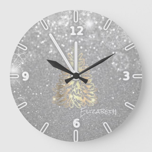 Gold Christmas Tree, Silver Glittery- Personalized Large Clock (Front)