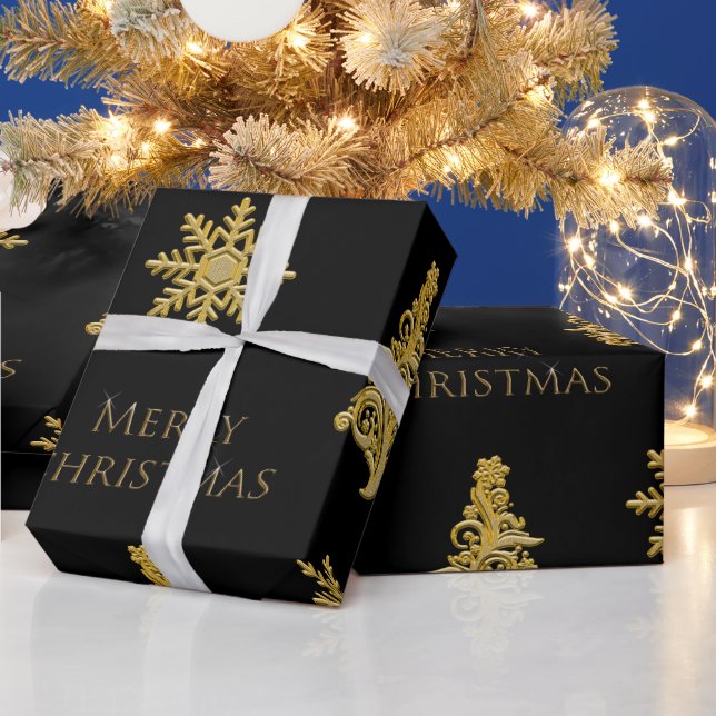  Gold Christmas Tree Snowflake on Black  Wrapping Paper (Holidays)