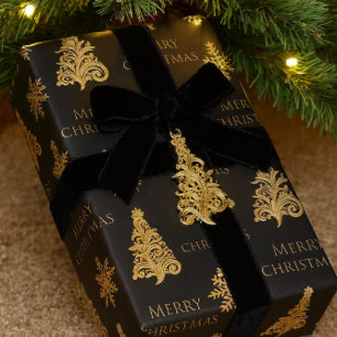 Gold Christmas Tree Snowflake on Black Wrapping Paper
