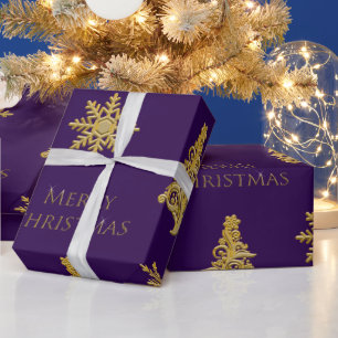 Gold Christmas Tree Snowflake on Purple  Wrapping Wrapping Paper