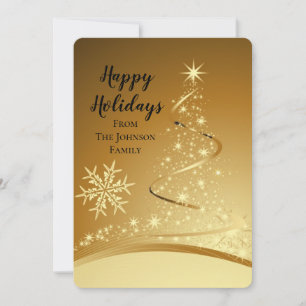 Gold Christmas Tree Sparkles and Snowflakes Holiday Card