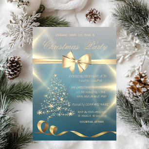 Gold Christmas Tree,Stars,Bow Christmas Party Invitation
