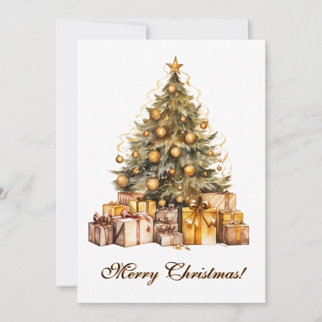 Gold Christmas Tree Watercolor Art Holiday Card (Front)