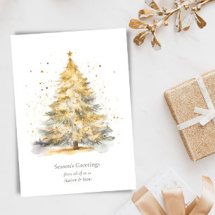 Gold Christmas Tree Watercolor Personalized Holiday Card