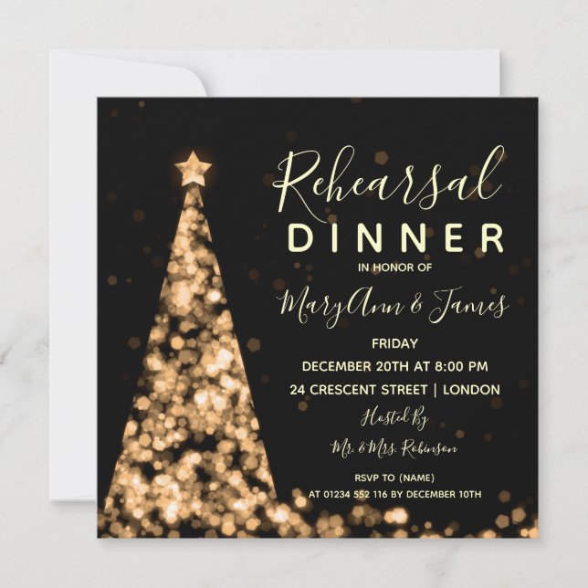 Gold Christmas Tree Wedding Rehearsal Dinner Invitation (Front)
