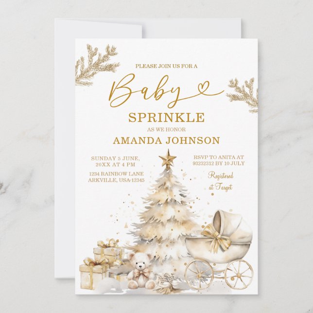 Gold Christmas Tree Winter Holiday Baby Sprinkle Invitation (Front)