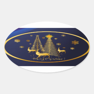 Gold Christmas Trees and Reindeer Oval Sticker
