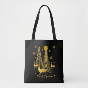Gold Christmas Trees and Reindeer Tote Bag
