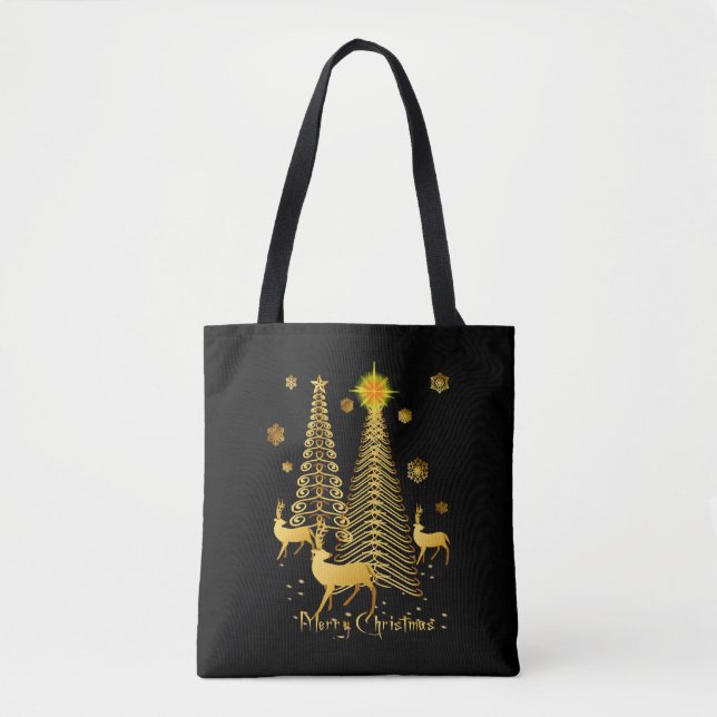 Gold Christmas Trees and Reindeer Tote Bag (Front)
