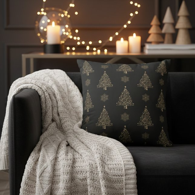 Gold Christmas Trees and Snowflakes Decorative Cushion (Gold Christmas Trees and Snowflakes Decorative Throw Pillow)