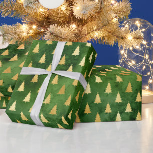 Gold Christmas Trees on Green Wrapping Paper
