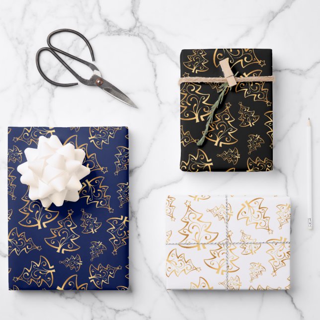 Gold Christmas Trees on Navy Blue, Black, White Wrapping Paper Sheet (Front)