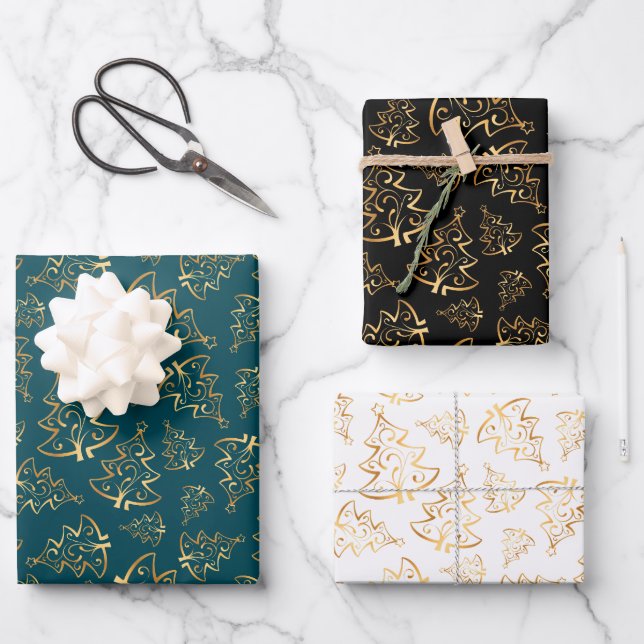 Gold Christmas Trees on Teal Blue, Black, White Wrapping Paper Sheet (Front)