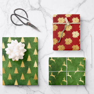 Gold Christmas Trees, Poinsettias and Reindeers Wrapping Paper Sheet