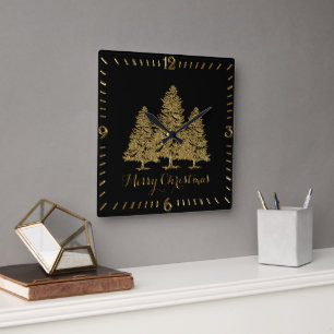Gold Christmas Trees Square Wall Clock