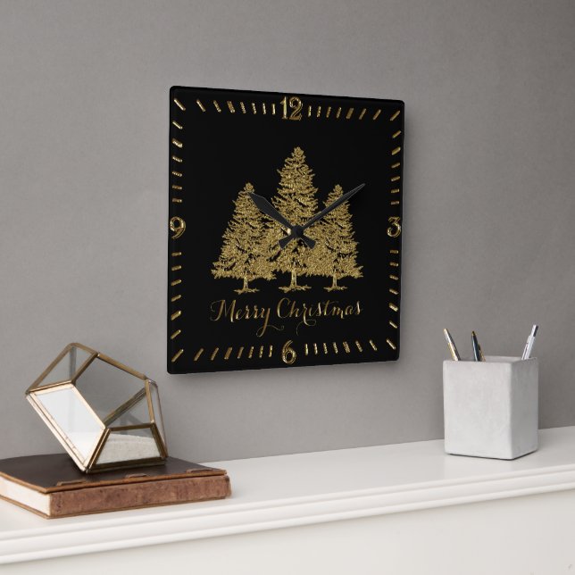 Gold Christmas Trees Square Wall Clock (Office)