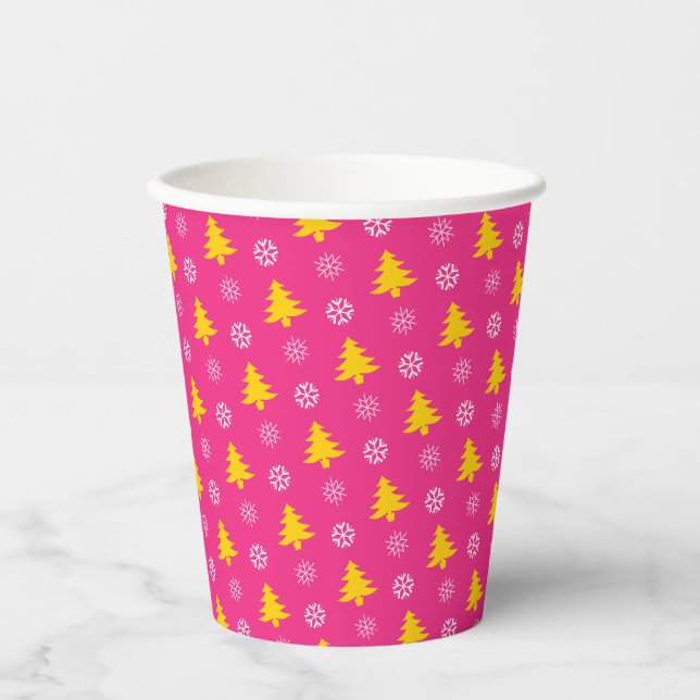 Gold Christmas Trees & White Snow Flakes, Fuchsia Paper Cups (Front)