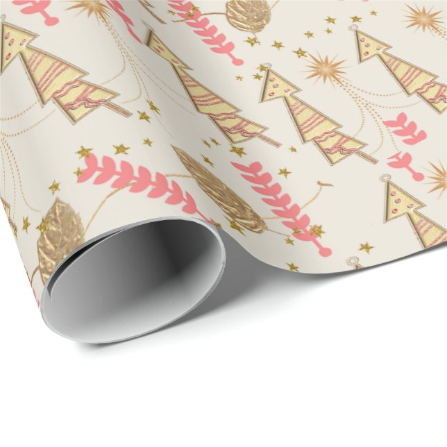 Gold Christmas Trees Wrapping Paper Beige (Roll Corner)