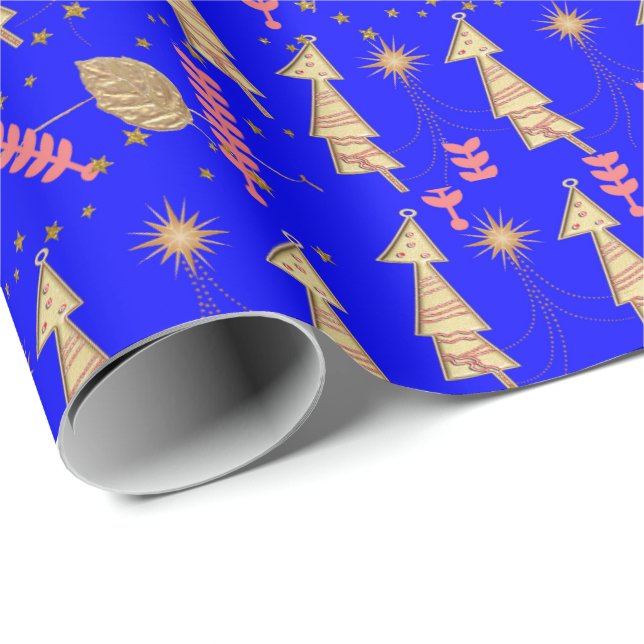 Gold Christmas Trees Wrapping Paper Blue (Roll Corner)
