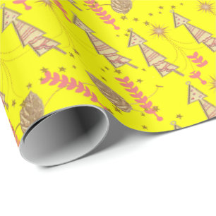 Gold Christmas Trees Wrapping Paper Yellow 