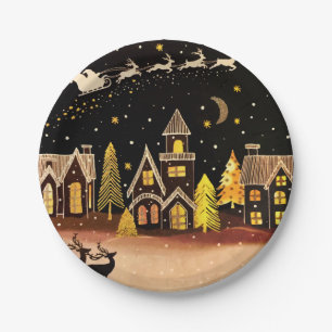 Gold Christmas Village Deer Winter Night Paper Plate