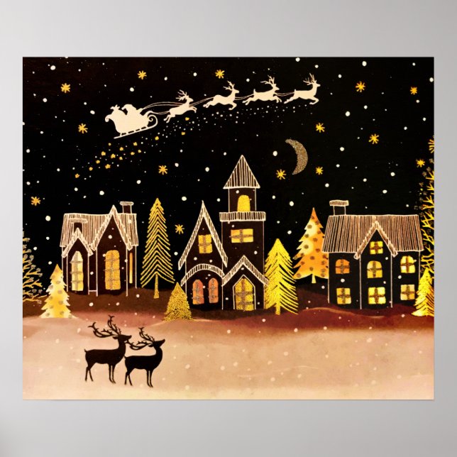 Gold Christmas Village Deer Winter Night Poster (Front)