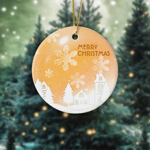 Gold Christmas White Snow House Happy New Year   Ceramic Ornament
