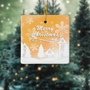 Gold Christmas White Snow House New Year Ceramic Ornament