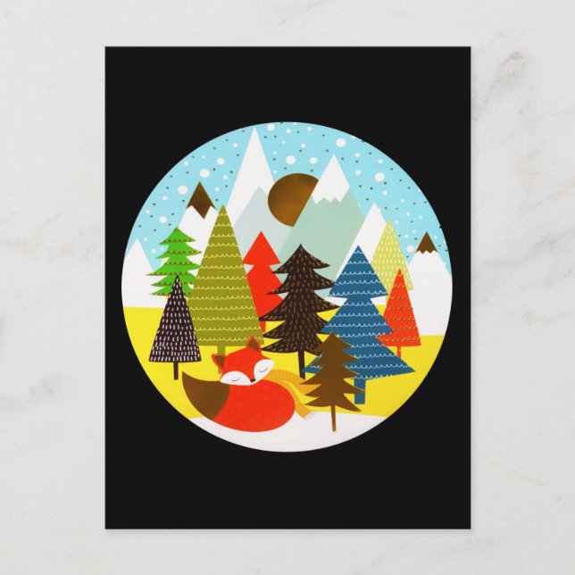 Gold Christmas Winter Baby Fox Pine Forest Holiday Postcard (Front)